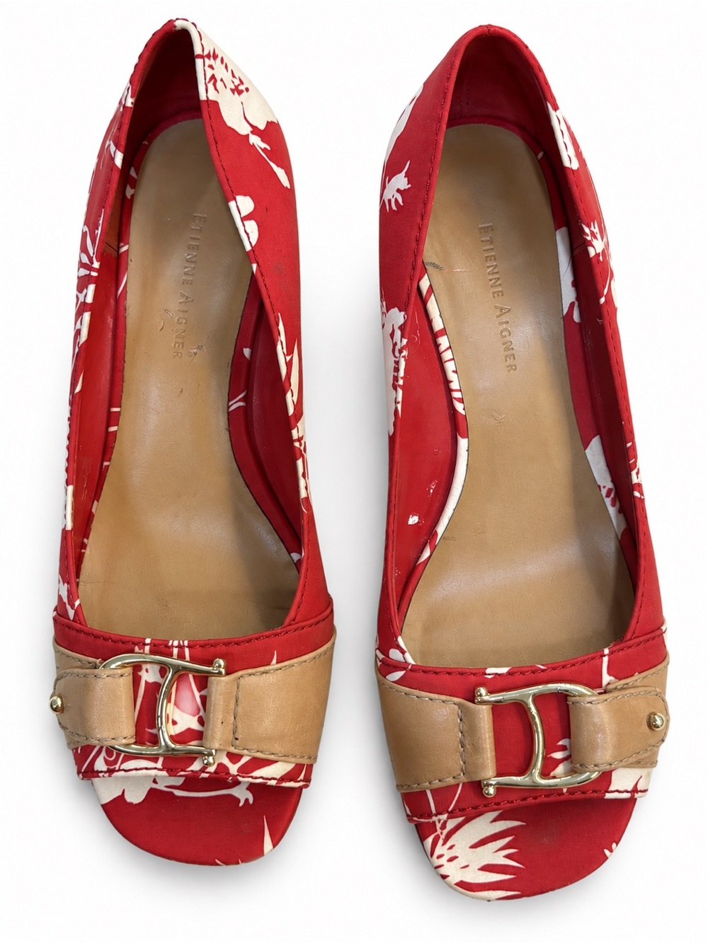 Etienne Aigner Floral Peep-Toe Wedge Heels Red Ivory Women’s 8M